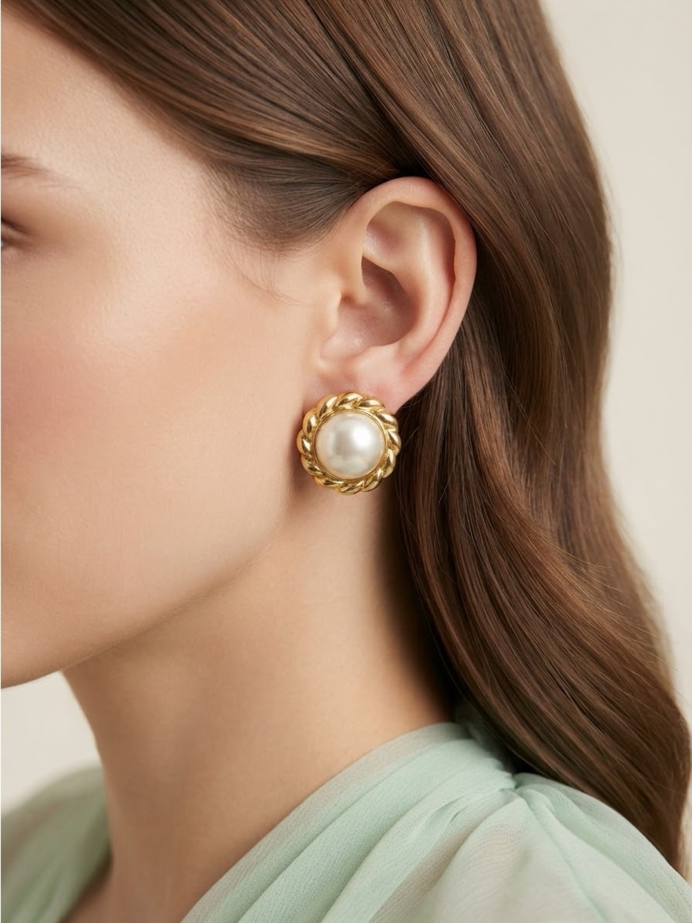 Vintage Faux Pearl Earrings | Gold Rope Frame 80s 90s Style